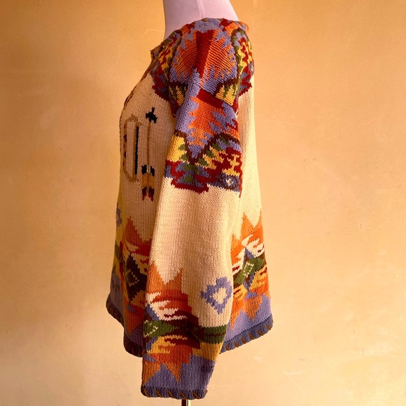 RALPH LAUREN COUNTRY 80’s HandKnit Native American Leather Whip Stitch Sweater M - Picture 11 of 14